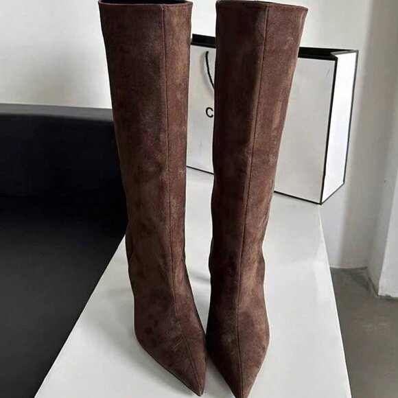 Brown Elegant Women's Pointed Toe High Heel Boots - Picture 5 of 5